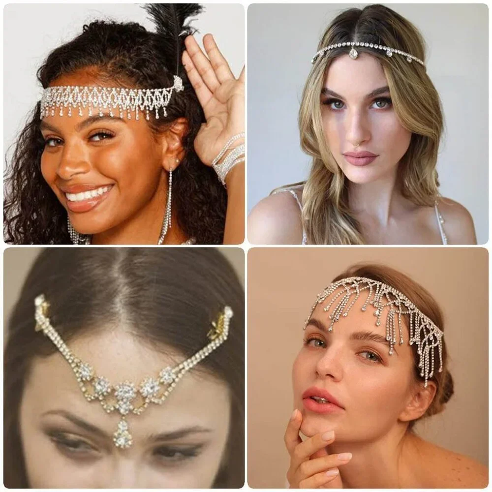 Rhinestone Head Chain Silver Boho Jewelry Wedding Bridal Hair Accessory - Picture 7 of 7
